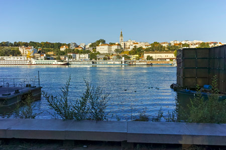 BELGRADE, SERBIA - AUGUST 12, 2019: Panorama from Sava River to Old Town (Stari Grad) of city of Belgrade, Serbiaのeditorial素材