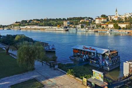 BELGRADE, SERBIA - AUGUST 12, 2019: Panorama from Sava River to Old Town (Stari Grad) of city of Belgrade, Serbiaのeditorial素材
