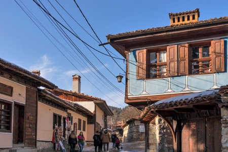 KOPRIVSHTITSA, BULGARIA - JANUARY 25, 2020: Typical Street and old houses in historical town of Koprivshtitsa, Sofia Region, Bulgariaのeditorial素材