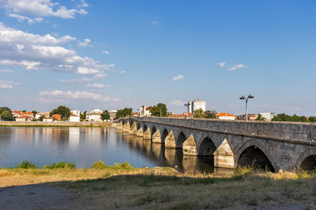 SVILENGRAD, BULGARIA - JULY 19, 2020: Sixteenth century Mustafa Pasha Bridge (Old Bridge) over Maritsa river in town of Svilengrad, Haskovo Region, Bulgariaのeditorial素材