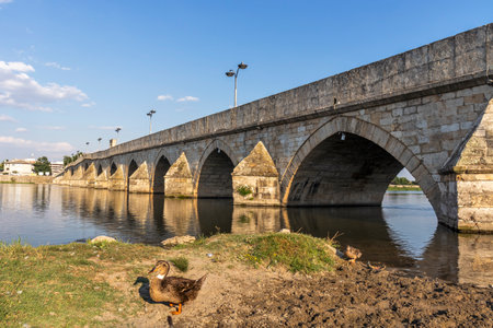 SVILENGRAD, BULGARIA - JULY 19, 2020: Sixteenth century Mustafa Pasha Bridge (Old Bridge) over Maritsa river in town of Svilengrad, Haskovo Region, Bulgariaのeditorial素材
