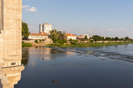 SVILENGRAD, BULGARIA - JULY 19, 2020: Sixteenth century Mustafa Pasha Bridge (Old Bridge) over Maritsa river in town of Svilengrad, Haskovo Region, Bulgariaのeditorial素材