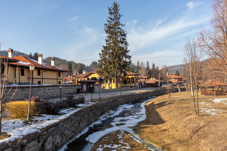 KOPRIVSHTITSA, BULGARIA - JANUARY 25, 2020: Typical Street and old houses in historical town of Koprivshtitsa, Sofia Region, Bulgariaのeditorial素材