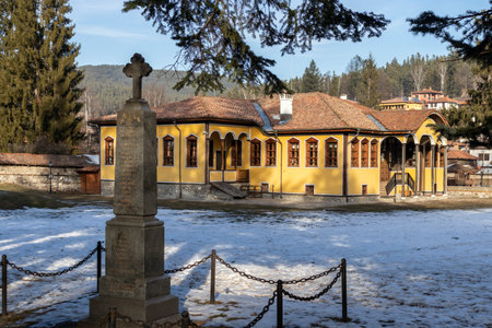 KOPRIVSHTITSA, BULGARIA - JANUARY 25, 2020: Typical Street and old houses in historical town of Koprivshtitsa, Sofia Region, Bulgariaのeditorial素材