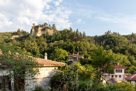 MELNIK, BULGARIA - JUNE 28, 2020: Typical street and old houses in historical town of Melnik, Blagoevgrad region, Bulgariaのeditorial素材