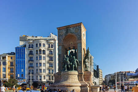ISTANBUL, TURKEY - JULY 26, 2019: The Republic Monument at Taksim Square at the center of city of...