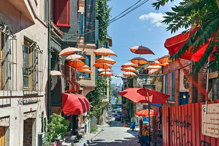 ISTANBUL, TURKEY - JULY 27, 2019: Typical street and building in Balat district in city of Istanbul, Turkeyのeditorial素材