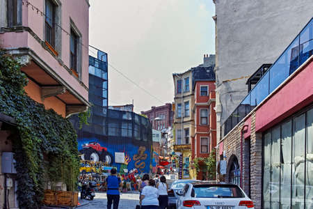 ISTANBUL, TURKEY - JULY 27, 2019: Typical street and building in Balat district in city of Istanbul, Turkeyのeditorial素材