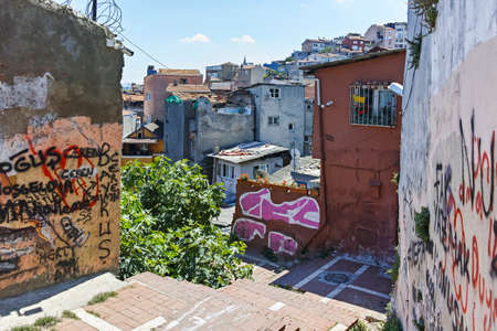 ISTANBUL, TURKEY - JULY 27, 2019: Typical street and building in Balat district in city of Istanbul, Turkeyのeditorial素材