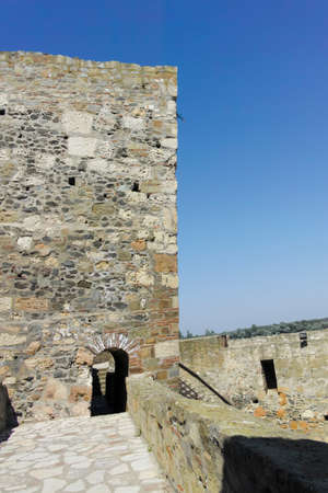 SMEDEREVO, SERBIA - AUGUST 12, 2019: Ruins of Smederevo Fortress at the coast of the Danube River - in town of Smederevo, Serbiaのeditorial素材