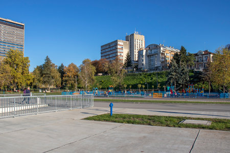 RUSE, BULGARIA - NOVEMBER 2, 2020: Panorama of Costal street at the center of city of Ruse, Bulgariaの写真素材