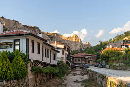 MELNIK, BULGARIA - JUNE 28, 2020: Typical street and old houses in historical town of Melnik, Blagoevgrad region, Bulgariaのeditorial素材