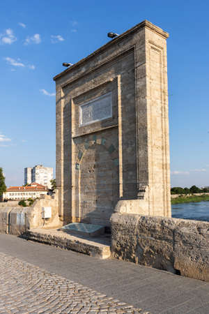 SVILENGRAD, BULGARIA - JULY 19, 2020: Sixteenth century Mustafa Pasha Bridge (Old Bridge) over Maritsa river in town of Svilengrad, Haskovo Region, Bulgariaのeditorial素材