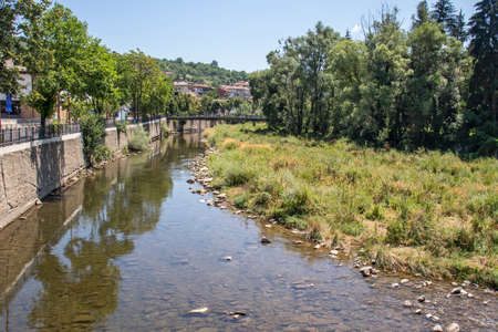 TETEVEN, BULGARIA - JULY 7, 2021: Typical street and building in town of Teteven at Balkan Mountains, Lovech region, Bulgariaのeditorial素材