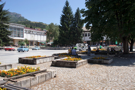 TETEVEN, BULGARIA - JULY 7, 2021: Typical street and building in town of Teteven at Balkan Mountains, Lovech region, Bulgariaのeditorial素材