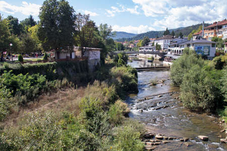 TROYAN, BULGARIA - AUGUST 31, 2021: Panoramic view of center of town of Troyan, Lovech region, Bulgariaのeditorial素材