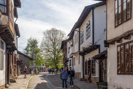 TRYAVNA, BULGARIA - MAY 1, 2021: Typical street and Nineteenth Century Houses in Old town of Tryavna, Gabrovo region, Bulgariaのeditorial素材