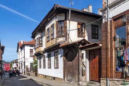 TRYAVNA, BULGARIA - MAY 1, 2021: Typical street and Nineteenth Century Houses in Old town of Tryavna, Gabrovo region, Bulgariaのeditorial素材