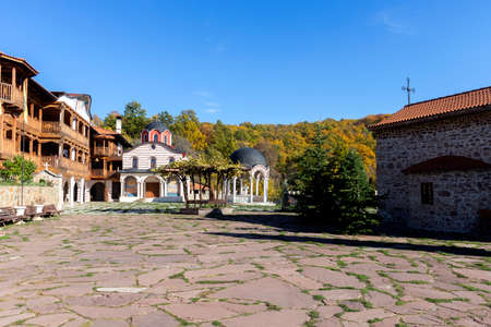 Autumn view of Medieval Tsarnogorski (Gigintsi) monastery St. Kozma and Damyan, Pernik Region, Bulgariaの写真素材