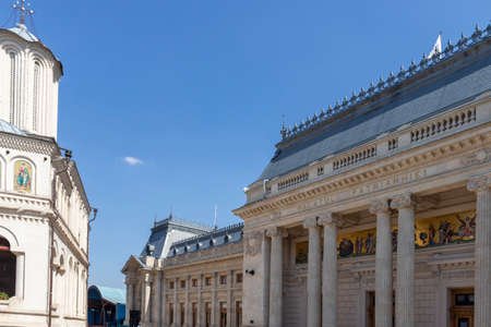 BUCHAREST, ROMANIA - AUGUST 16, 2021: Patriarchal Palace and Cathedral of Saints Constantine and Helena in city of Bucharest, Romaniaのeditorial素材