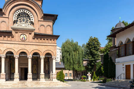 BUCHAREST, ROMANIA - AUGUST 16, 2021: Medieval Antim monastery of All Saints in city of Bucharest,...