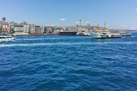 ISTANBUL, TURKEY - JULY 27, 2019: Amazing Panorama from Bosporus to city of Istanbul, Turkey