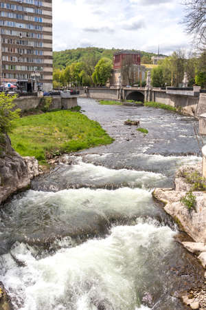 GABROVO, BULGARIA - MAY 1, 2021: Yantra River passing through the center of town of Gabrovo, Bulgariaのeditorial素材