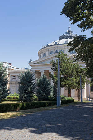BUCHAREST, ROMANIA - AUGUST 17, 2021: Building of Romanian Athenaeum in city of Bucharest, Romania