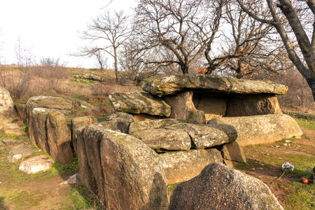 Ancient Thracian dolmen Nachevi Chairi (Nachovi chairi) near village of Hlyabovo, Haskovo Region, Bulgariaのeditorial素材