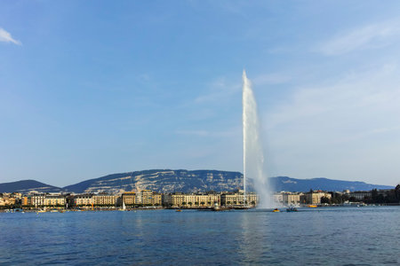 GENEVA, SWITZERLAND - JUNE 17, 2023: Amazing Sunset view of city of Geneva, Switzerlandの写真素材