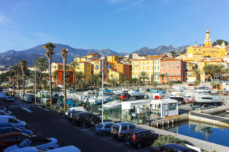 MENTON, FRANCE - JANUARY 27, 2024: Panorama of The Old town of Menton, Provence Alpes-Cote d'Azur, Franceの写真素材