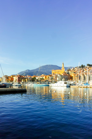 MENTON, FRANCE - JANUARY 27, 2024: Panorama of The Old town of Menton, Provence Alpes-Cote d'Azur, Franceの写真素材