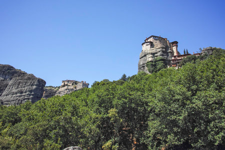Spring Panoramic view of Meteora Monasteries, Thessaly, Greeceの写真素材