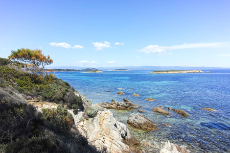 Amazing view of Sithonia coastline near Karydi Beach, Chalkidiki, Central Macedonia, Greeceの写真素材