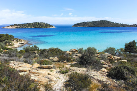 Amazing view of Sithonia coastline near Lagonisi Beach, Chalkidiki, Central Macedonia, Greeceの写真素材