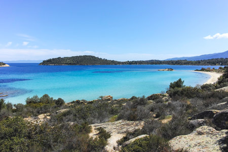 Amazing view of Sithonia coastline near Lagonisi Beach, Chalkidiki, Central Macedonia, Greeceの写真素材