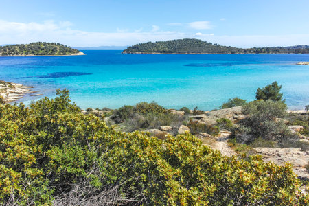 Amazing view of Sithonia coastline near Lagonisi Beach, Chalkidiki, Central Macedonia, Greeceの写真素材