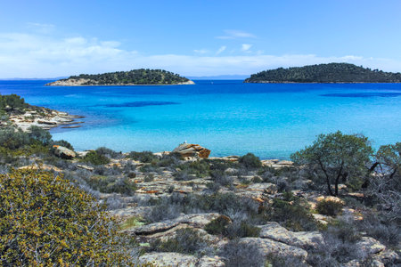 Amazing view of Sithonia coastline near Lagonisi Beach, Chalkidiki, Central Macedonia, Greeceの写真素材