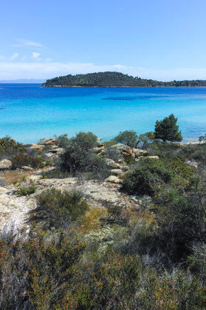 Amazing view of Sithonia coastline near Lagonisi Beach, Chalkidiki, Central Macedonia, Greeceの写真素材