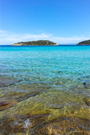Amazing view of Sithonia coastline near Lagonisi Beach, Chalkidiki, Central Macedonia, Greeceの写真素材