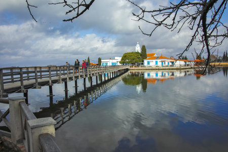 PORTO LAGOS, GREECE - DECEMBER 26, 2023: Saint Nicholas Monastery located on two islands in Porto Lagos, East Macedonia and Thrace, Greeceのeditorial素材