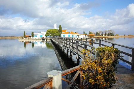 PORTO LAGOS, GREECE - DECEMBER 26, 2023: Saint Nicholas Monastery located on two islands in Porto Lagos, East Macedonia and Thrace, Greeceのeditorial素材