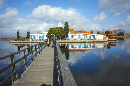 PORTO LAGOS, GREECE - DECEMBER 26, 2023: Saint Nicholas Monastery located on two islands in Porto Lagos, East Macedonia and Thrace, Greeceのeditorial素材
