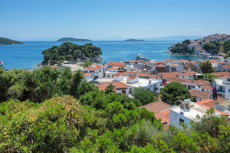 Amazing panorama of The town of Skiathos, Sporades, Thessaly, Greeceの写真素材