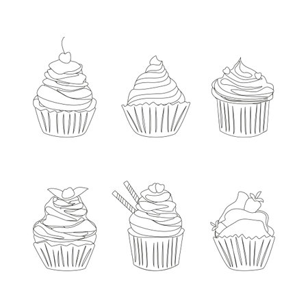Cupcake icon set. Hand drawn cupcake vector illustration. Cake outline illustration. Different cakes set. Delicious and sweet food for celebrations. sketch.のイラスト素材