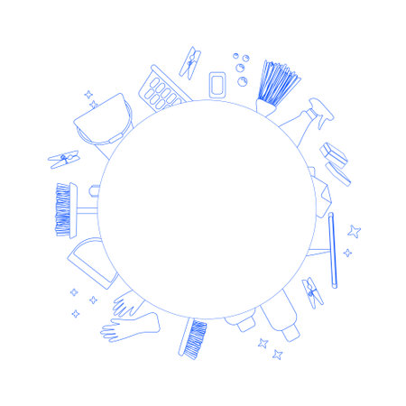 Cleaning equipment set front neon blue line. Housework, cleaning equipment vector with round frame on white background. Set of vector design elements for spring house cleaning arranged in a circle.のイラスト素材