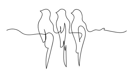 Hand draw three birds in line art outline one continues line. vector illustration. One line parrot birds.のイラスト素材