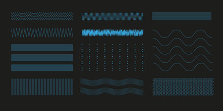 Set of blue sound waves. Vector illustration on black background. Curvy and zigzag lines. Different thin lines and waves. Squiggle vector curve. Sinus dot amplitude. dotted rows.のイラスト素材