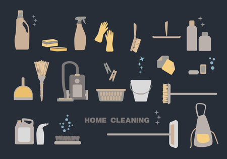 Cleaning icons set. Vector illustration of 16 cleaning icons for web. Bucket with soap suds, Toilet brush, Plastic basin, Brush for cleaning, Fabric softener, and Washing dishes.のイラスト素材