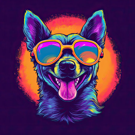 Happy dog with glasses on a bright background. Graffiti style, t-shirt print design. Acid colorful creative elements. Generative AIの素材